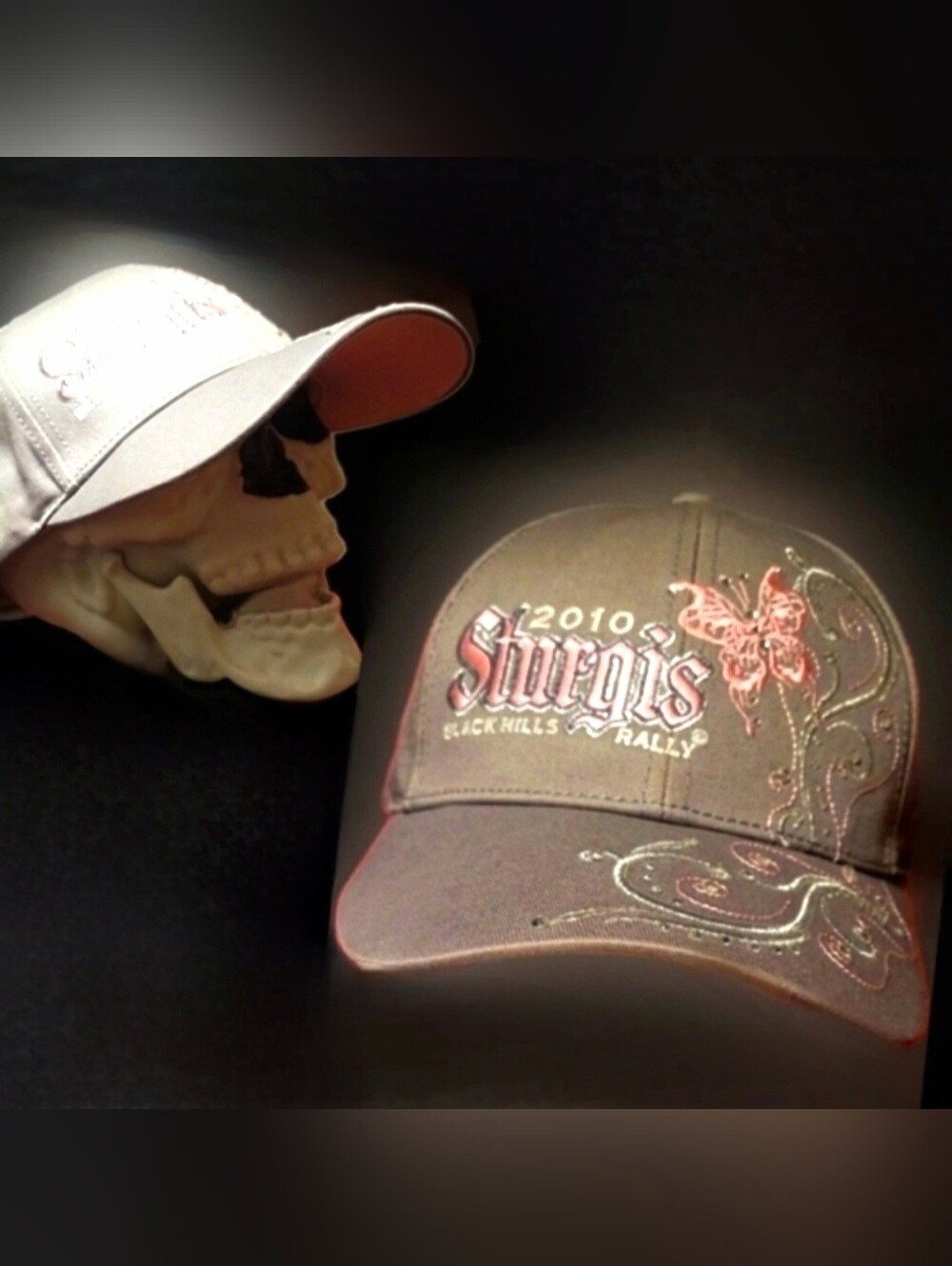 Y2K inspired Sturgis 2010 gray pink butterfly glitter graphics baseball hat adj
